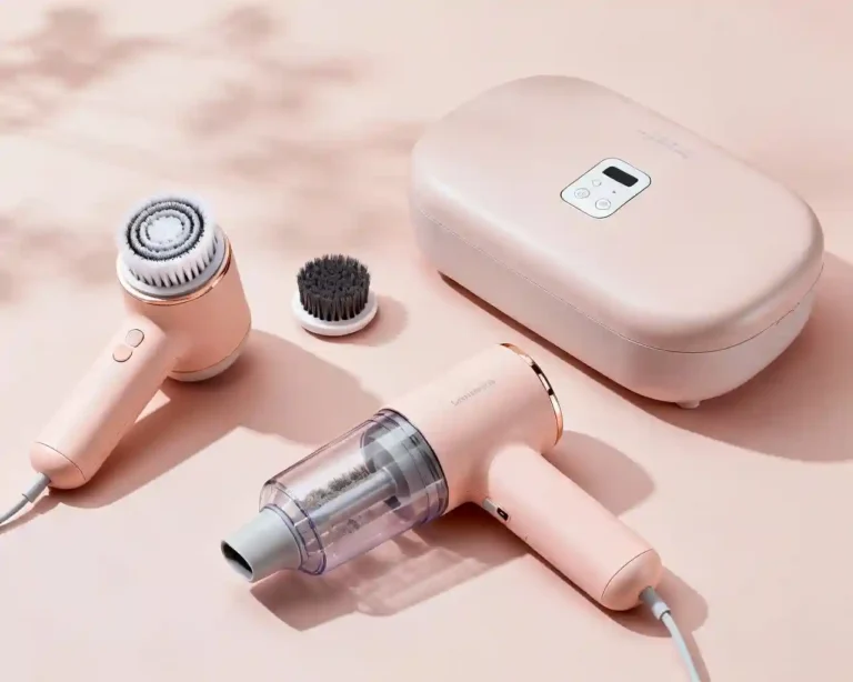 A collection of the best modern cleaning tools, including an electric spin scrubber and handheld vacuum, arranged neatly.