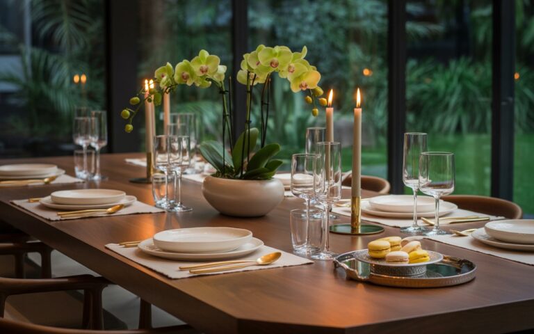 A modern dining room table set for a dinner party with elegant plates, gold cutlery, and a simple centerpiece.