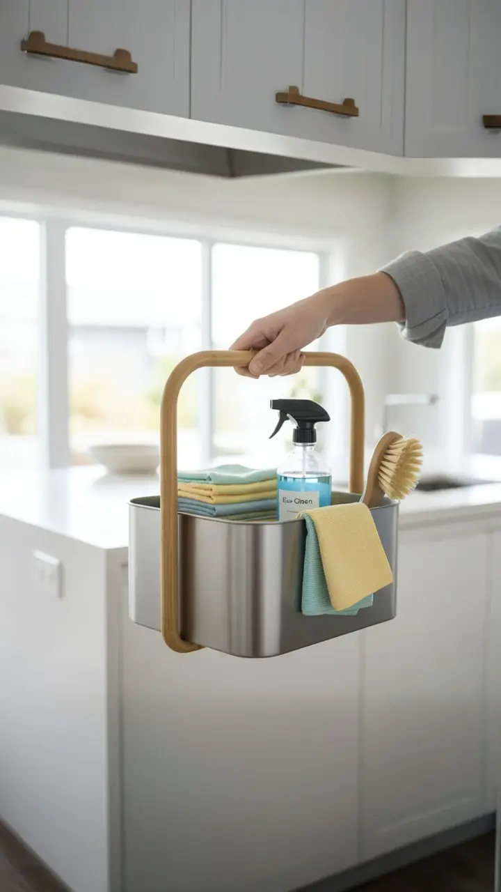A hand grabbing a well-stocked 'grab-and-go' cleaning caddy, an efficient hack for organizing cleaning supplies.