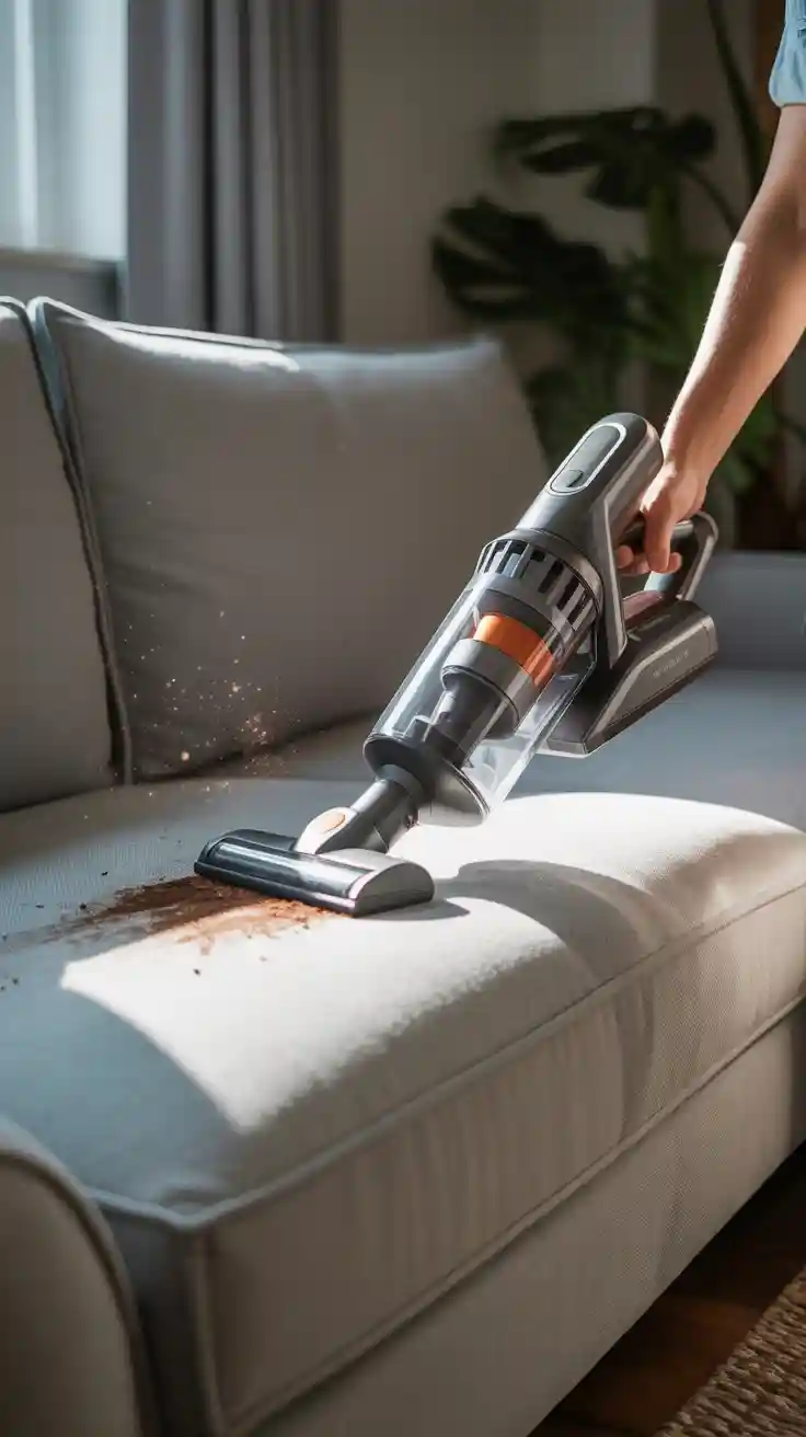A person using a handheld vacuum to demolish dust on a sofa, a key step in the deep cleaning checklist for living areas.