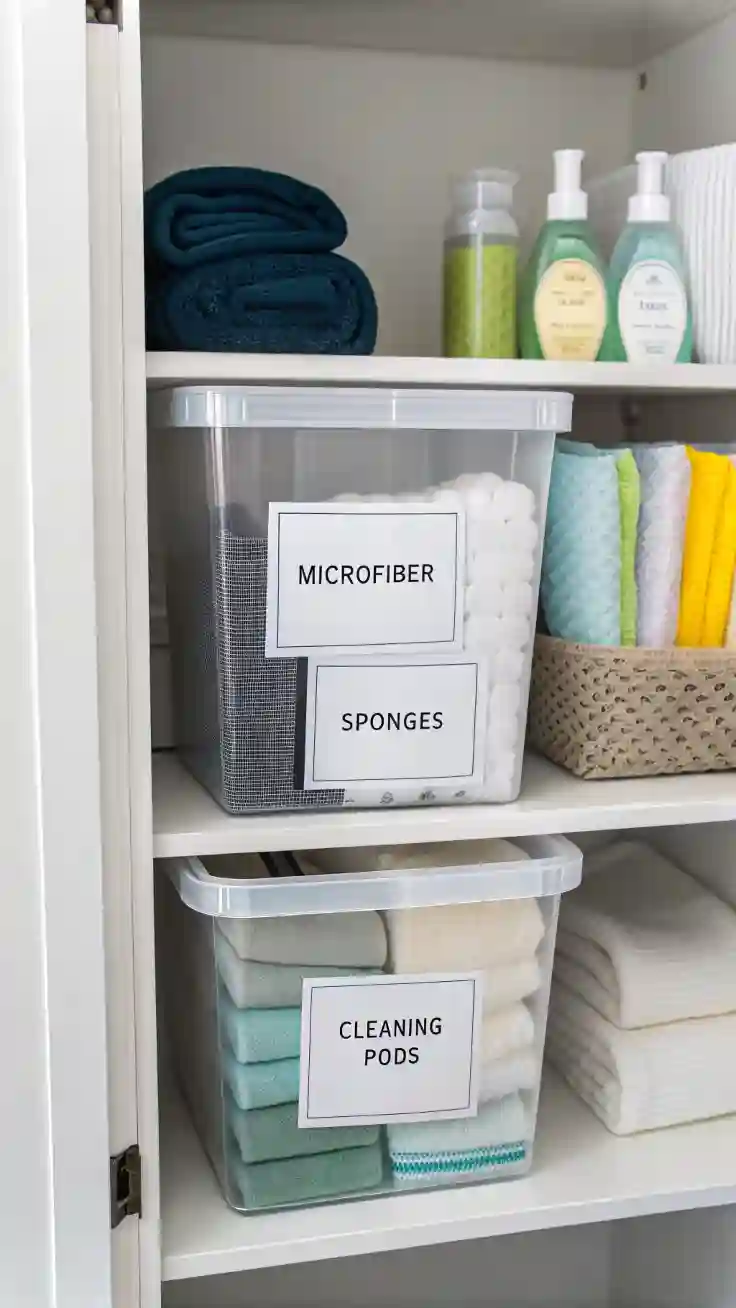 Clear storage bins with minimalist labels neatly organizing sponges and cloths on a shelf, a key storage idea.