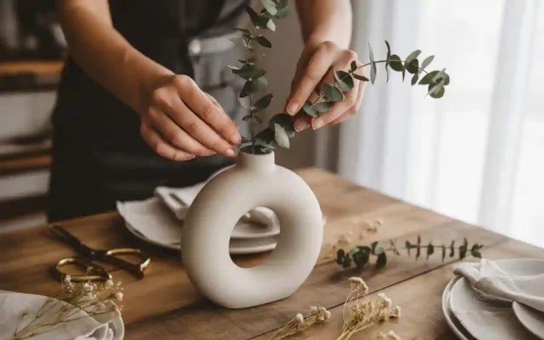 Hands arranging a beautiful DIY centerpiece for a dining room table using a modern vase and fresh flowers.