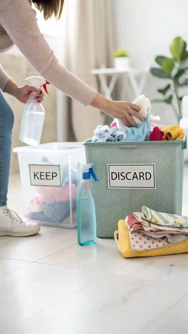 A person decluttering and categorizing cleaning supplies on the floor, the first step in organizing cleaning supplies.