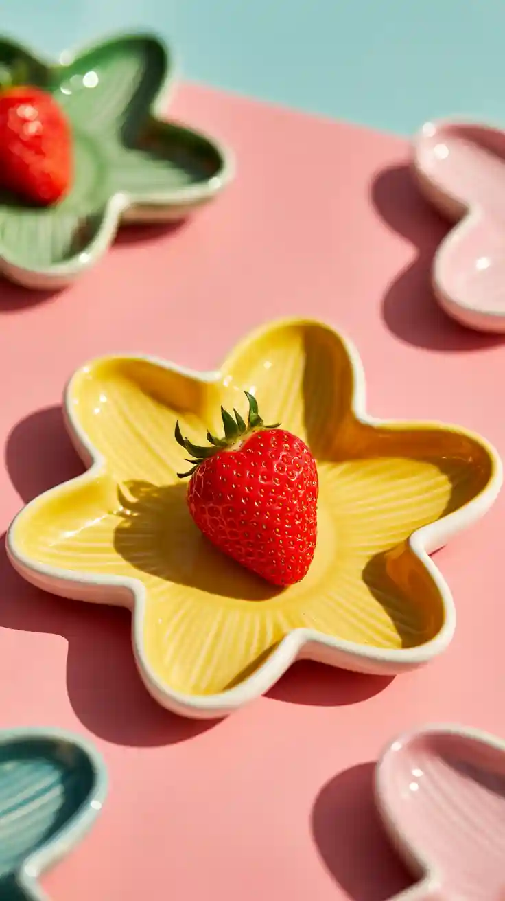 A fun and quirky, flower-shaped ceramic dessert plate, representing a playful modern dinnerware style for hosts.