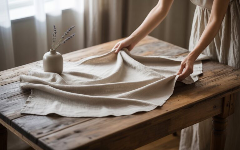 A person laying a high-quality, neutral-colored linen tablecloth on a wooden dining table to prepare for a meal.