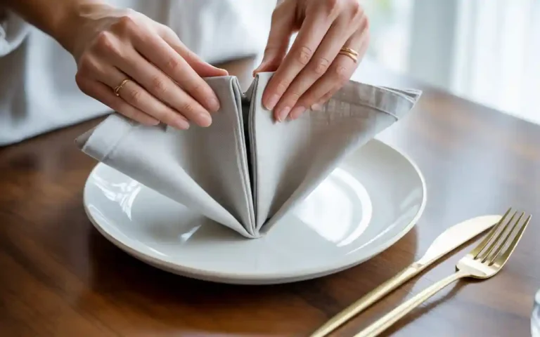 A person's hands folding a crisp, gray linen napkin into an elegant pocket fold for a dinner party table setting.