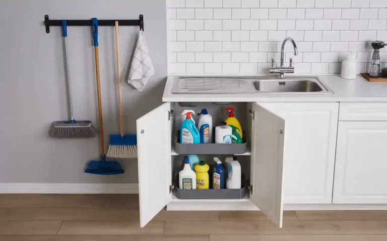 A perfectly organized under sink cabinet showcasing smart ideas for organizing cleaning supplies, including a sliding organizer and wall mounted rack.
