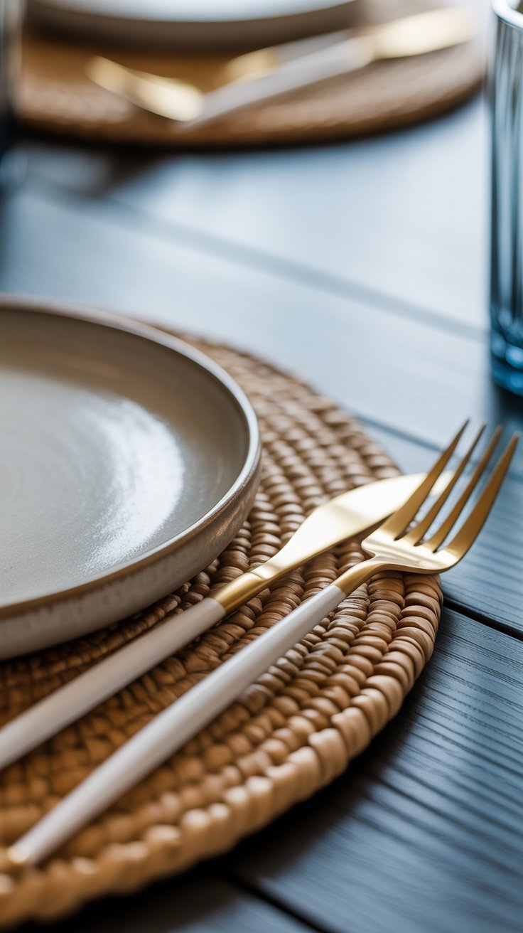 A close-up detail of a modern tablescape focusing on the texture of a woven placemat and stylish gold fork.