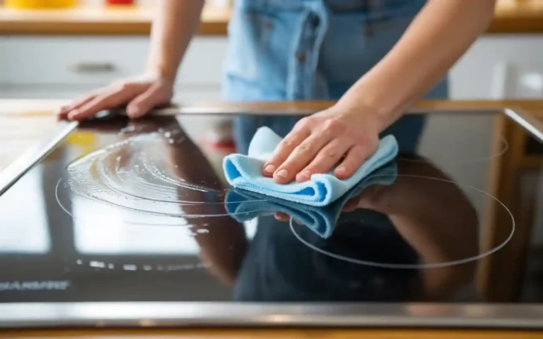 A person using a clever kitchen cleaning hacks to easily wipe away grease from a stovetop, leaving it sparkling clean.