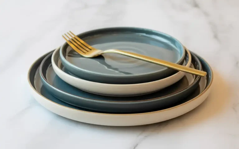 A stack of modern minimalist ceramic dinnerware sets in neutral colors, perfect for contemporary dining room decor.
