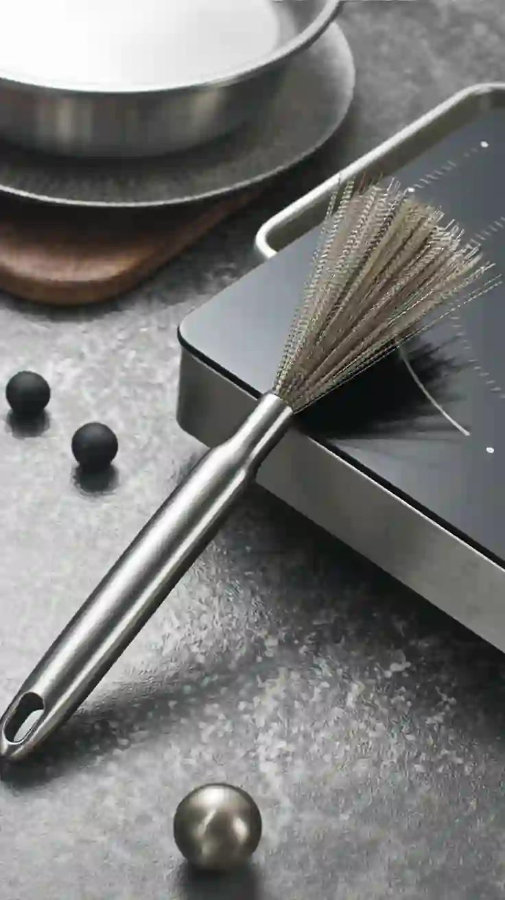 A stainless steel scrubbing brush easily removing burnt-on food from a pan, a must-have kitchen gadget.