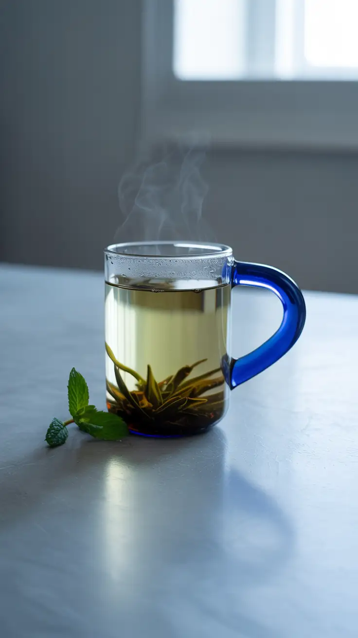 A minimalist and modern heat-resistant glass mug featuring a playful, colorful handle for aesthetic kitchenware.