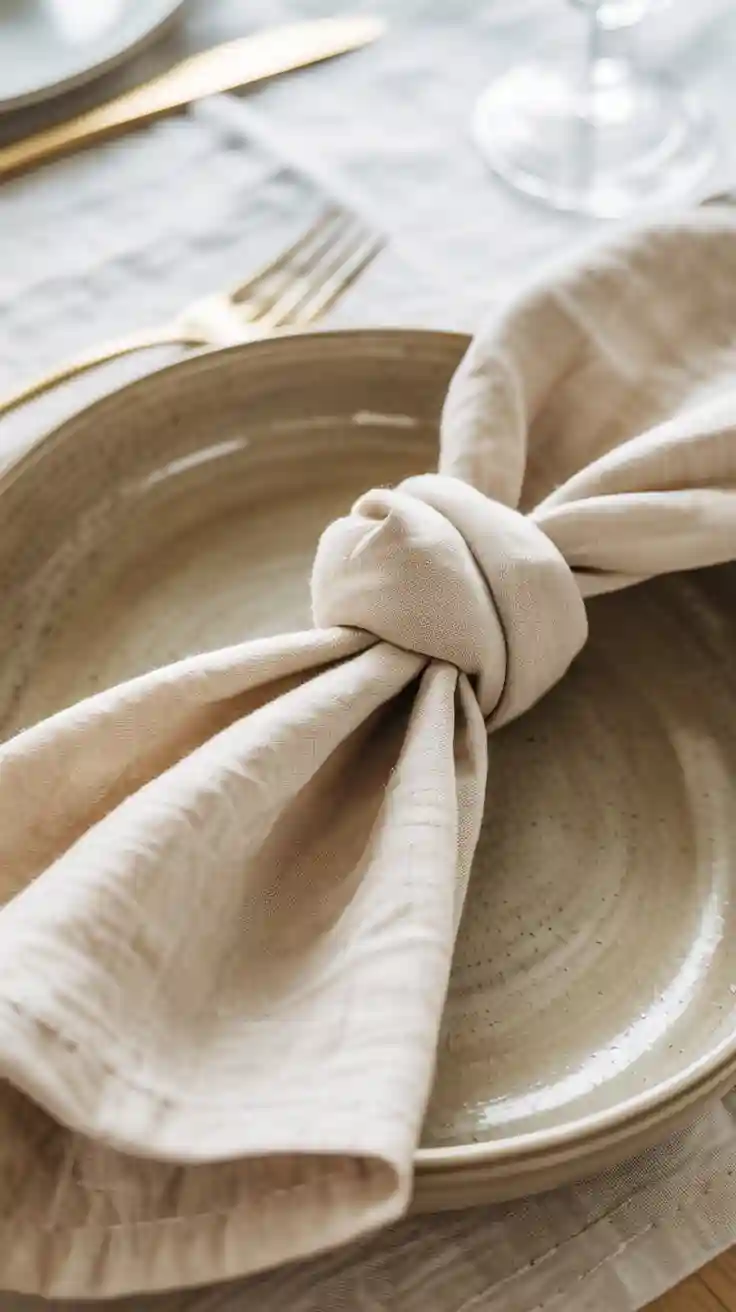 A modern and relaxed table setting with a soft linen napkin tied in a simple, elegant knot inside a stoneware bowl.
