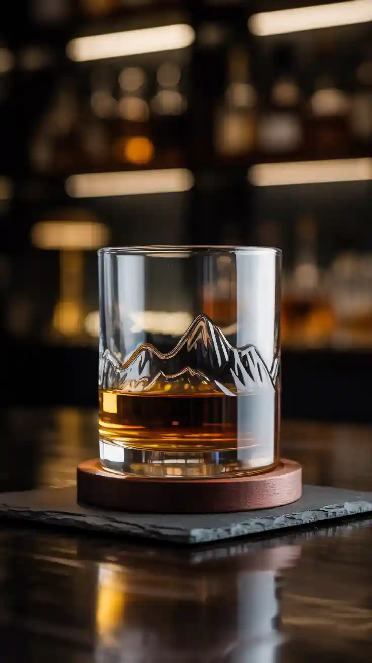 A unique Mountain Whiskey Glass with a 3D mountain range inside, presented as an aesthetic home bar accessory.