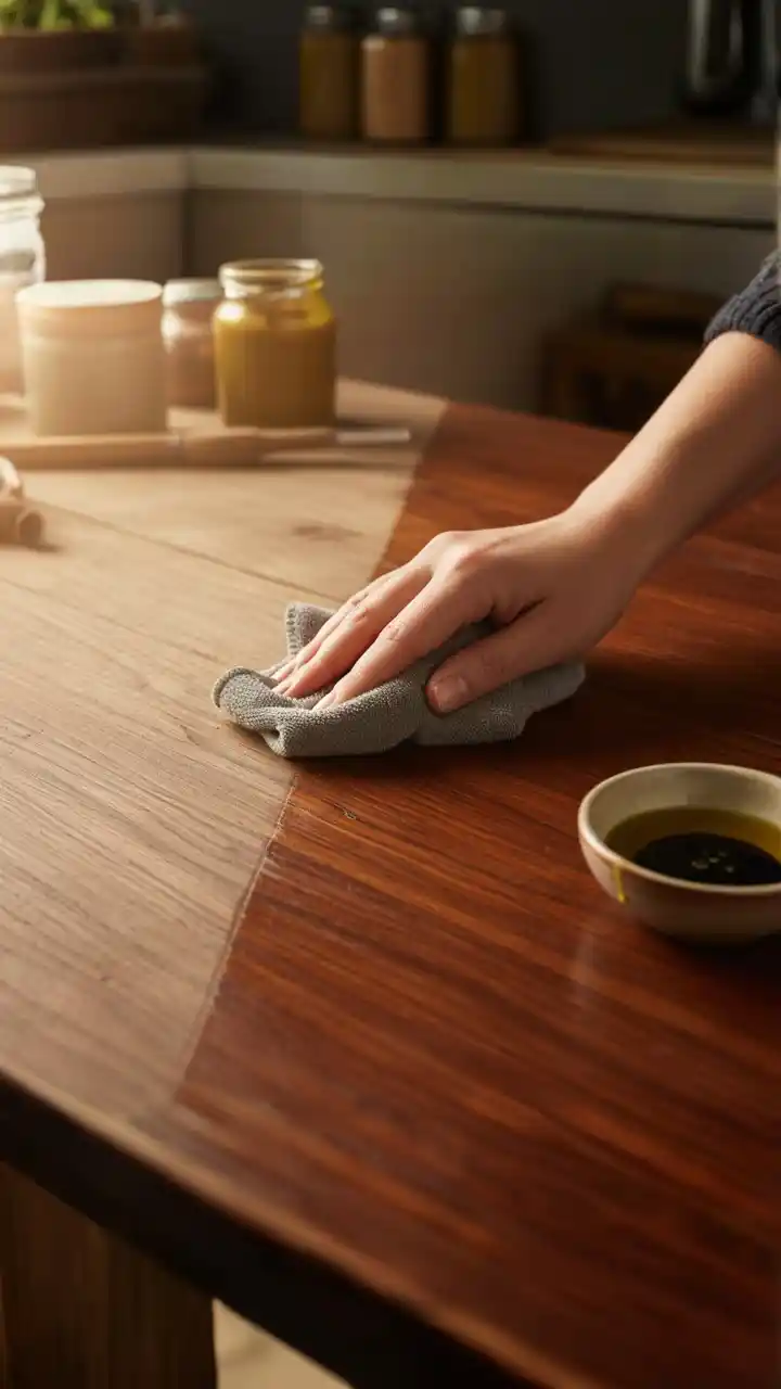 A hand polishing a wood table with a natural DIY wood polish, an effective eco-friendly cleaning recipe.