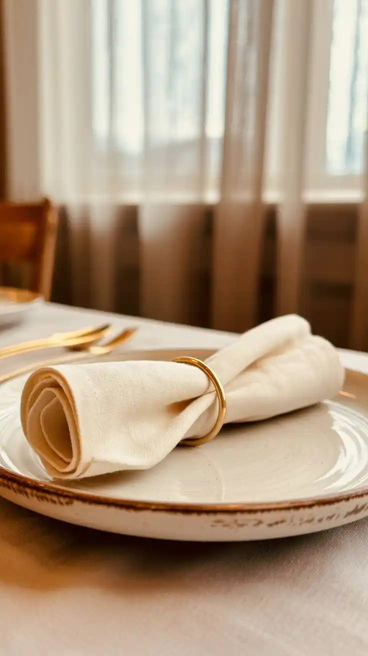 An elegant and simple rolled napkin in a gold ring, placed on a rustic ceramic plate for a chic table setting.