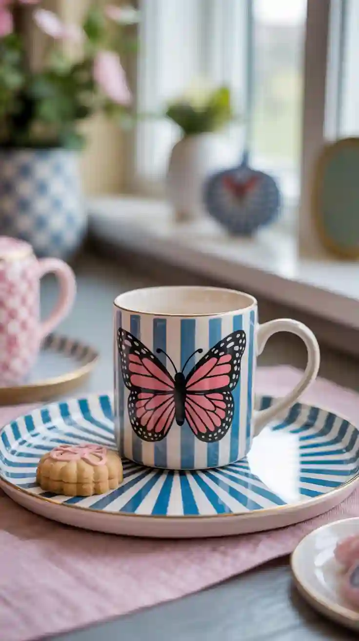 A whimsical and charming European ceramic coffee mug with a striped butterfly design, complete with a matching tray.