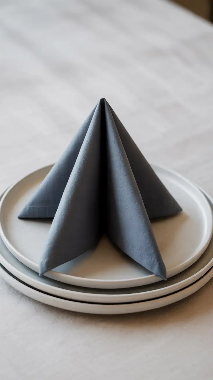 A clean and simple triangle napkin fold made from a dark gray cotton napkin, placed on a stack of white plates.