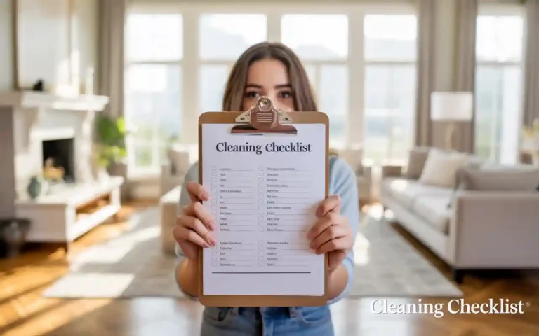 A person holding a deep cleaning checklist in a bright and sparkling clean living room, representing a successful home cleaning schedule.