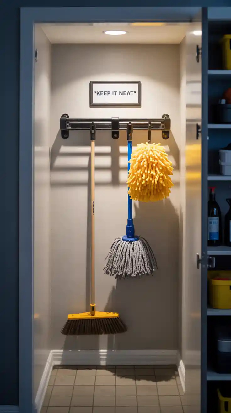 A wall mounted rack neatly holding a mop and broom, a smart storage idea for organizing cleaning supplies vertically.