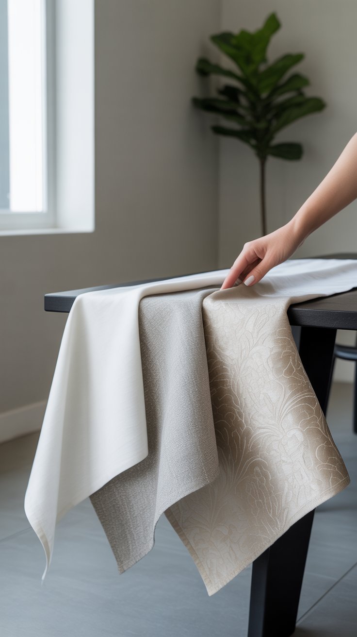 Three different tablecloth fabric swatches (cotton, linen, jacquard) draped over a modern dining table, with a hand touching one, representing choice.