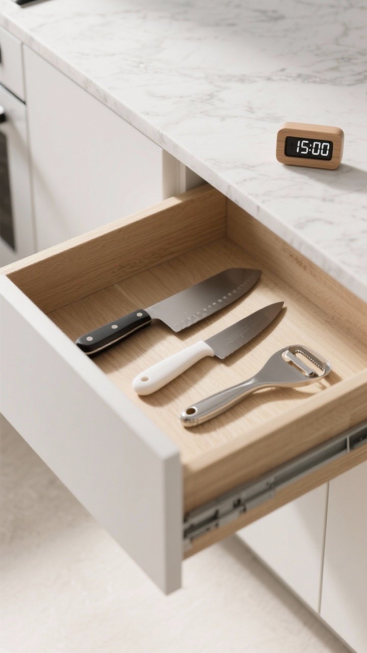 Closeup: A minimalist kitchen drawer half-open, showing a neatly decluttered layout with only essential utensils and one sleek chef’s knife, a single spatula, and a peeler; empty space is visible to emphasize ruthless editing; a small timer reading 15:00 sits on the quartz countertop; neutral palette with matte white cabinetry, light oak drawer interior, and soft morning natural light; no duplicates in sight, one bottle opener only.