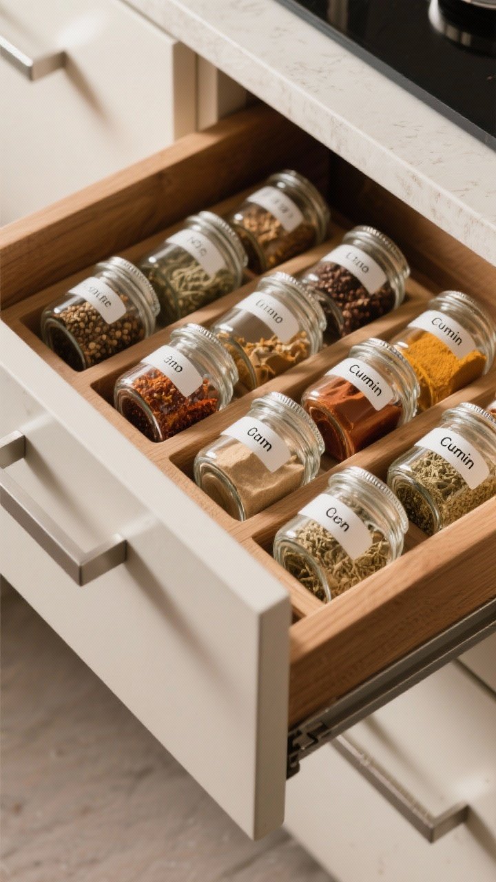 Closeup: A spice drawer with angled inserts holding uniform glass jars labeled in clear, minimal typography; spices arranged alphabetically so “Cumin” is easy to spot; warm wood drawer, brushed steel handles, bright top-down task light highlighting rich spice colors and fine label detail.