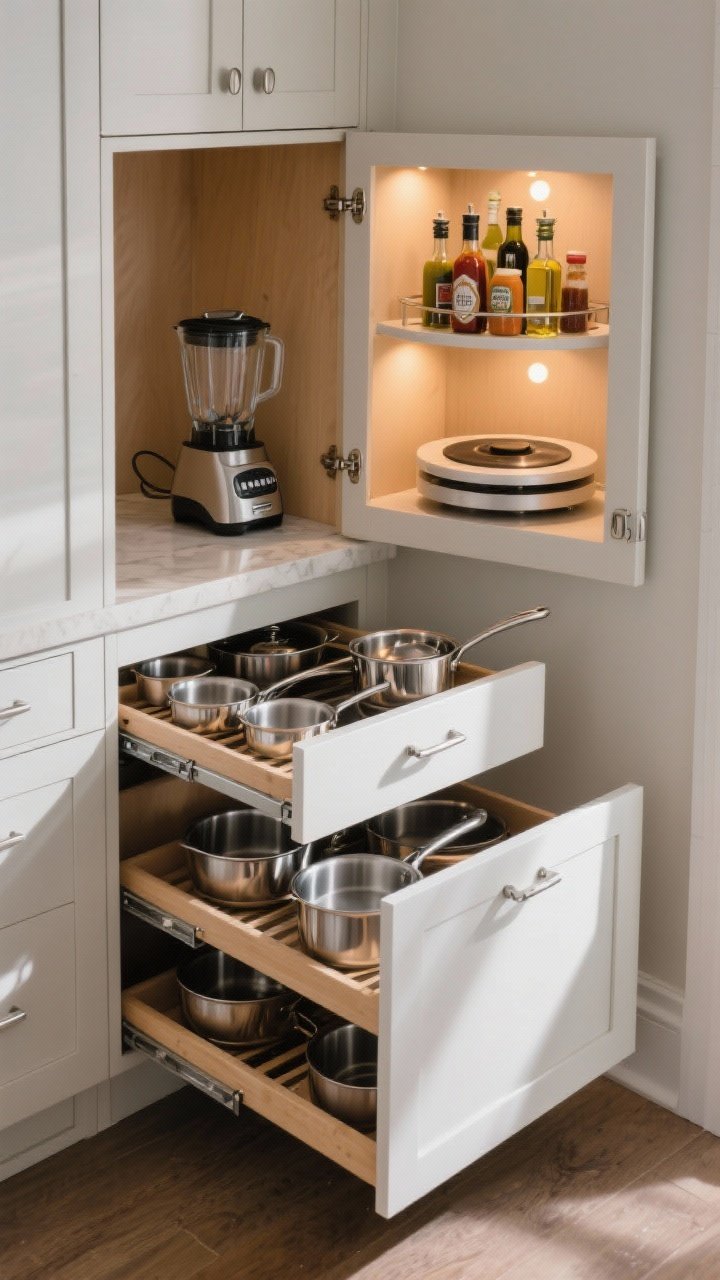 Corner angle: A base cabinet with pull-out trays extended, displaying neatly arranged pots, pans, and a compact blender; inside an adjacent deep corner cabinet sits a lazy susan stocked with oils, sauces, and spices, plus a double-decker turntable for easy access; satin nickel hardware, warm LED puck lighting inside the cabinet; realistic shadows and reflections.
