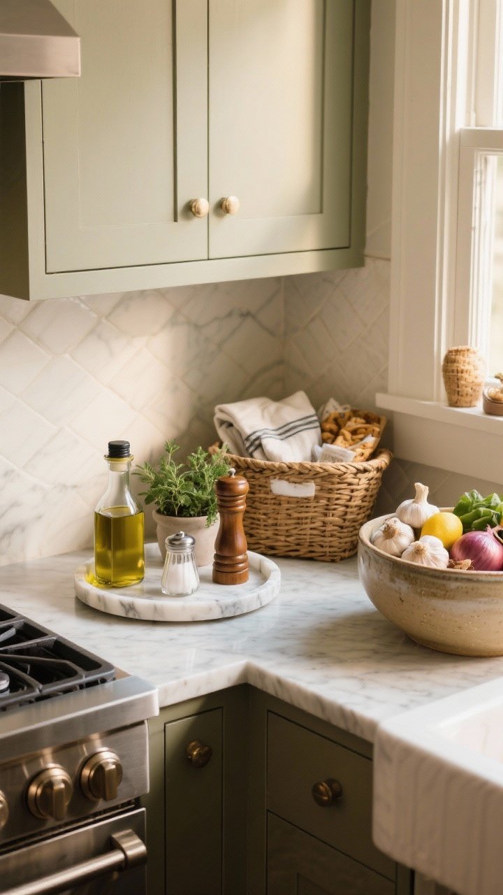 Corner angle: Styled counter vignette where storage meets decor—a round marble tray corrals olive oil, salt cellar, pepper mill, and a small potted herb; a woven basket holds linens and snacks; a large ceramic bowl near the stove filled with garlic, onions, and lemons; warm, cozy afternoon light and natural textures.