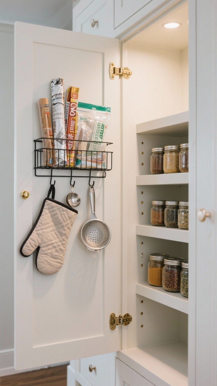 Detail: Inside of a cabinet door outfitted with storage—adhesive hooks holding measuring spoons, an oven mitt, and a small strainer; an over-the-door rack corralling wraps, foils, and zip bags; a shallow spice rack mounted to another door, sized precisely so jars clear the shelves; satin-finish paint, small brass screws; crisp task lighting.
