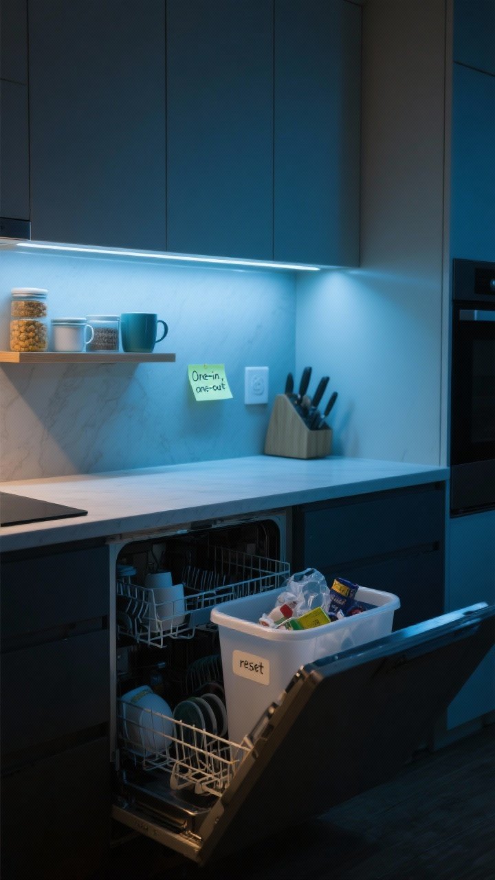 Detail: Nighttime scene of a tidy kitchen “reset”—cleared counters, dishwasher open with racks partially loaded; a labeled bin of expired items ready to toss and refilled containers on a shelf; a small sticky note reading “One-in, one-out” near the mug cabinet; cool, soft evening under-cabinet lighting emphasizing routine and calm.