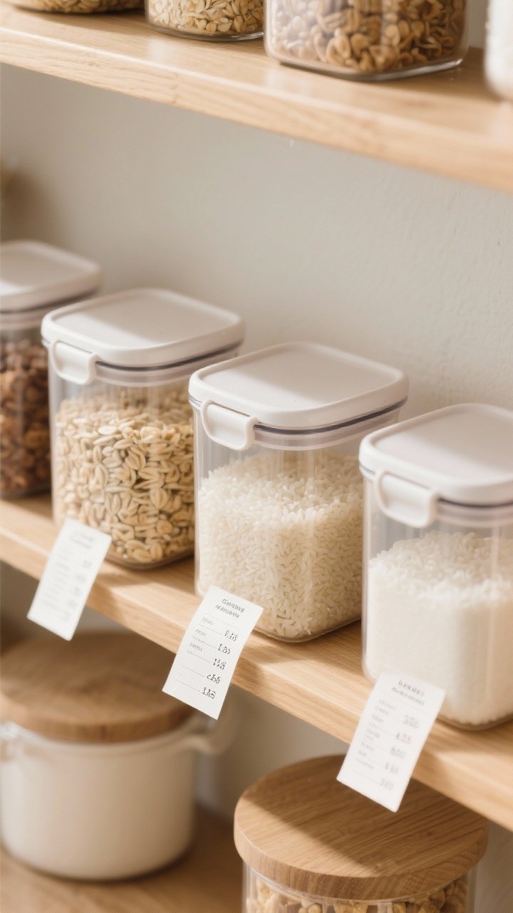 Detail: Overhead view of decanted staples—oats, rice, cereal, and baking basics—in airtight canisters with silicone seals; small recipe strips and cooking times taped neatly to the bottom of each container; muted color palette of beige grains and translucent containers against a light oak shelf; bright, clean natural light.