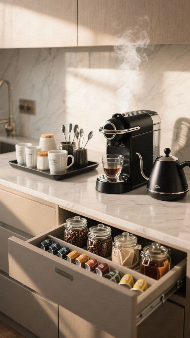 Medium shot: A dedicated coffee station on a counter—espresso machine and kettle on a tray, curated mugs, sugars, and spoons; drawer below opened slightly to reveal organizers sorting pods and tea by flavor; labeled glass jars for beans, filters, and syrups; warm morning light with gentle steam from the kettle, matte black and chrome accents.