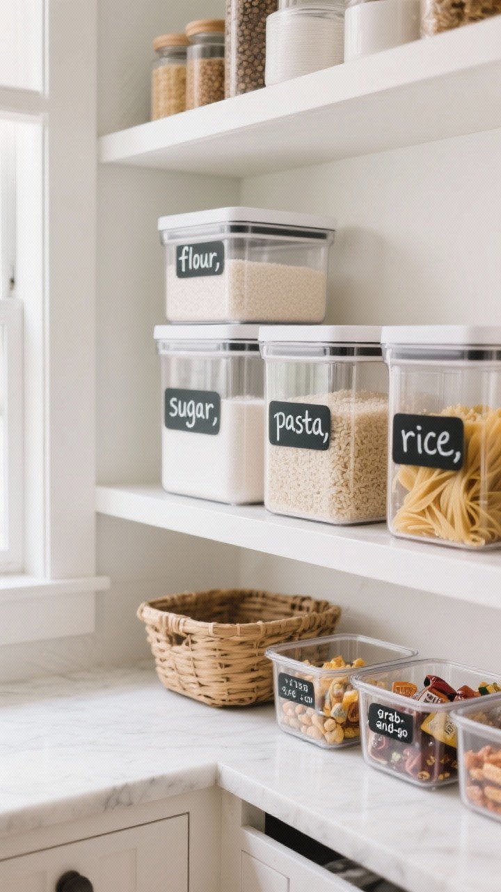 Medium shot: A photogenic pantry with clear stackable containers labeled “flour,” “sugar,” “pasta,” and “rice,” plus small clear bins for snacks including a “grab-and-go” basket; crisp white shelves, black-and-white label typography, chalk marker labels with contents and date opened; soft diffused daylight; a tidy, makeover-show aesthetic.