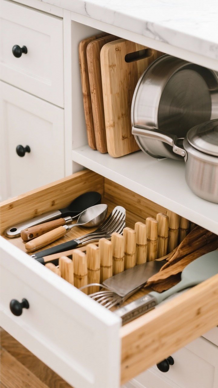 Medium shot: A utensil drawer transformed with expandable bamboo dividers—everyday tools in one segment, baking tools in another; an upright divider at the back files cutting boards and pot lids vertically; matte black pulls on white shaker drawers; top-down angle with even, soft light highlighting the wood grain of the bamboo.