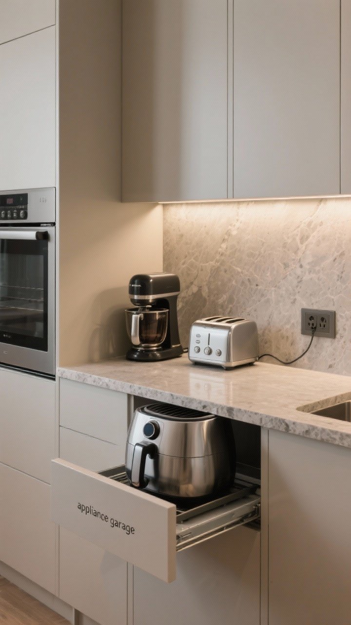 Medium shot: Streamlined countertops with only daily-use appliances on display—coffee maker and toaster—while a closed “appliance garage” with an outlet hides a mixer; a heavy air fryer sits on a slide-out tray partially extended from a lower cabinet; neutral palette, stone counters, subtle under-cabinet lighting.