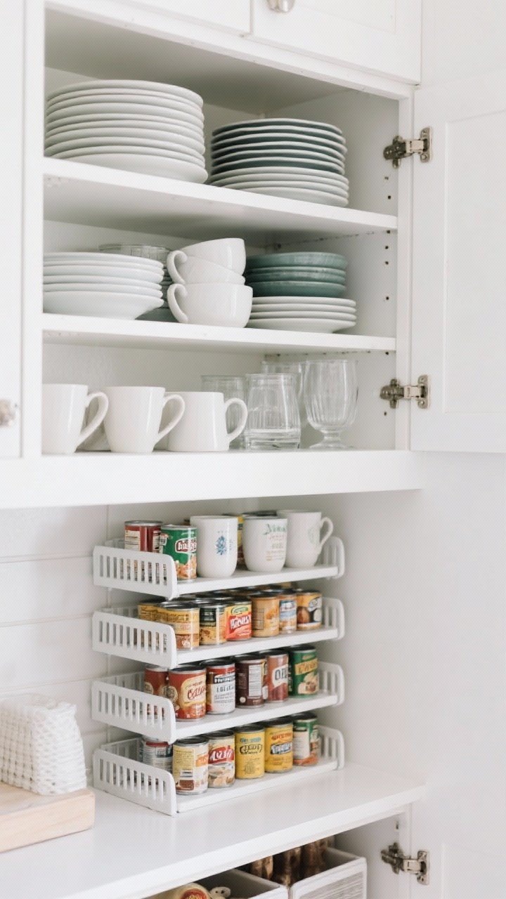 Medium shot: Upper cabinet interior styled with shelf risers—plates and bowls stacked by size for a boutique look; mugs and glasses layered with everyday items on the lower tier; tiered risers in the pantry area for canned goods so labels are visible; white interior, risers in matte white metal; bright, even daylight for clarity.