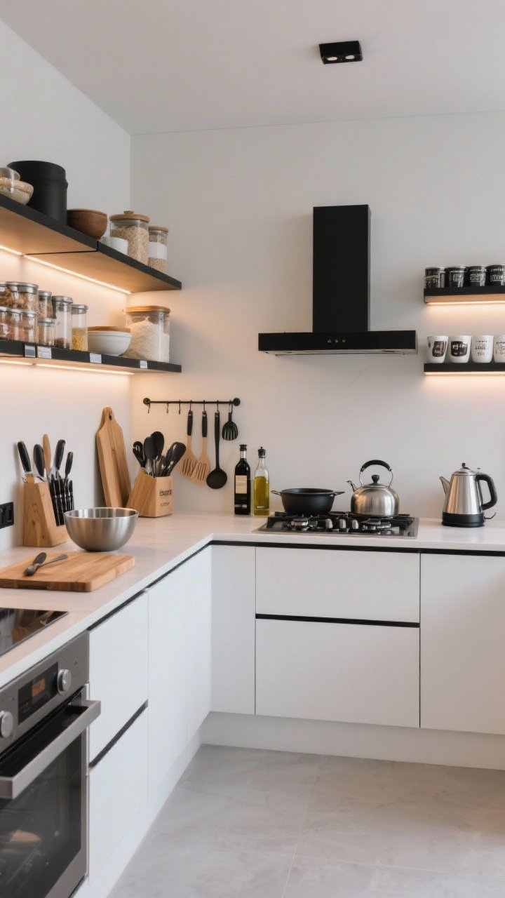 Wide shot: A contemporary kitchen organized in zones like a grocery store—prep zone with cutting boards, knives, and mixing bowls near the main counter; cooking zone by the stove with pots, pans, oils, and spatulas; baking zone with flour and sugar canisters grouped together; a coffee/tea zone with mugs and kettle in one corner; clean white walls, matte black hardware, warm under-cabinet lighting delineating each zone; straight-on view.