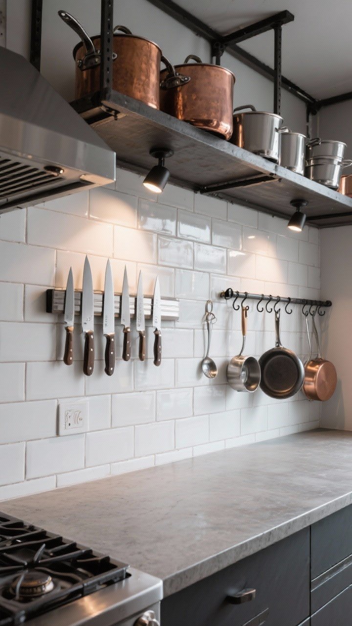 Wide shot: Urban-chef aesthetic kitchen wall and ceiling storage—magnetic knife strip with a gleaming knife set, a mounted rail with S-hooks holding ladles, tongs, and a small pan, plus a ceiling pot rack showcasing copper and stainless-steel pots; subway tile backsplash, concrete countertop, directional spotlights creating subtle highlights.